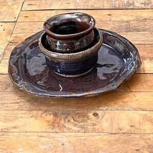 Studio Pottery Hand-thrown Stoneware Pottery Set Rustic Dark Glaze Finish